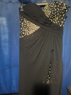 Terani Couture Black Strapless Evening Gown with Iridescent Gem Accents